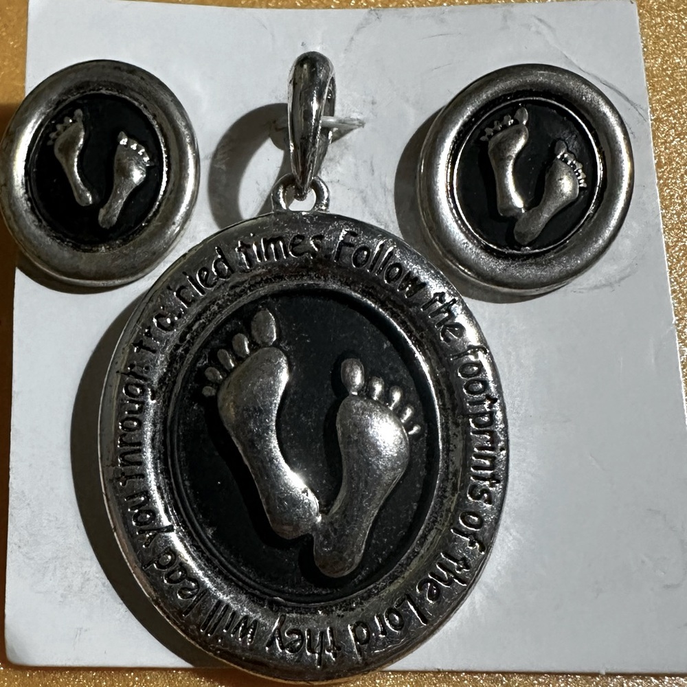 Silver Footprint Pendant and Earring Set